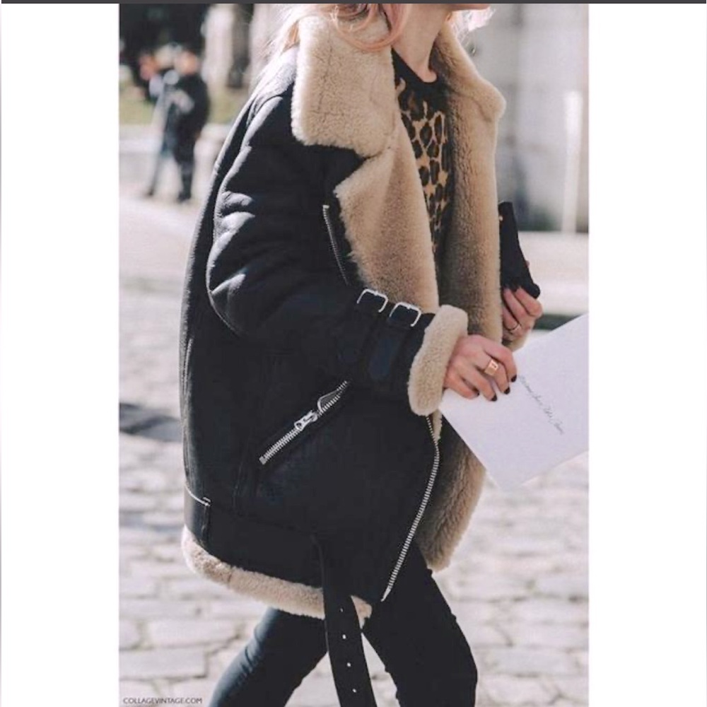 Women's Black Sherpa Fleece Moto Oversized Jacket